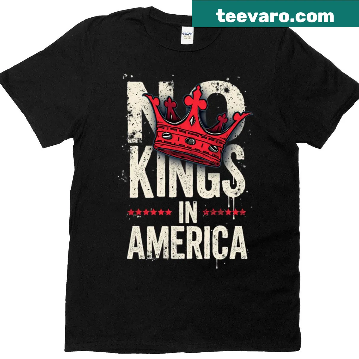 T-shirt featuring 'No Kings In America' with a red crown — on a men's t-shirt