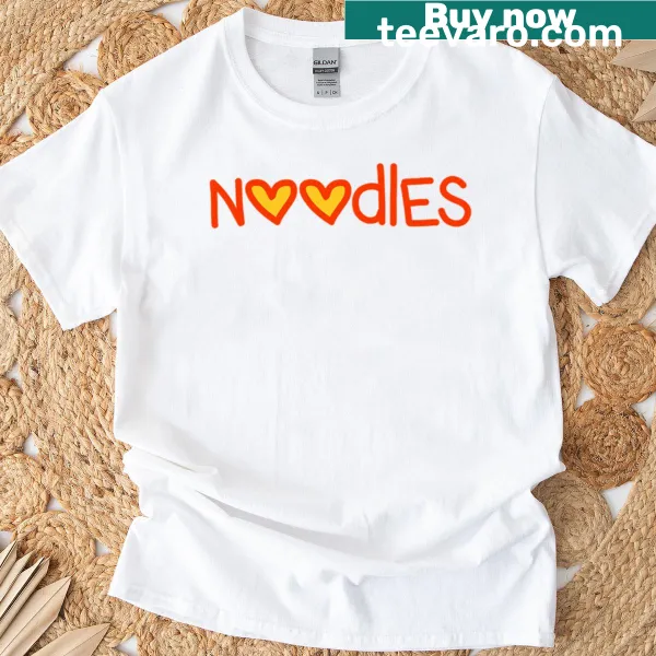 T-shirt featuring an illustration of noodles in orange love hearts