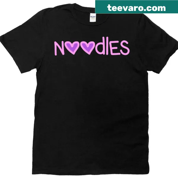 Noodles in pink love hearts graphic on a T-shirt