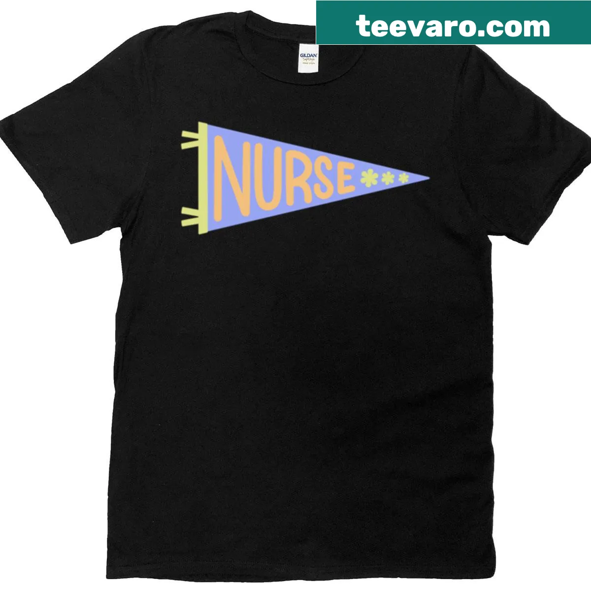 Stylish T-shirt celebrating the nursing profession with a medical pennant flag design. — on a men's t-shirt
