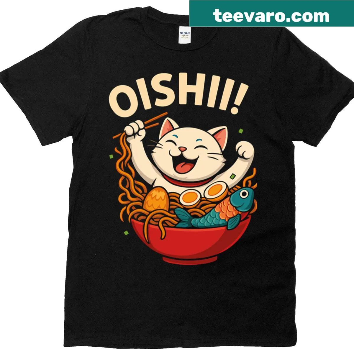 Cartoon happy cat enjoying ramen on a T-shirt — on a men's t-shirt