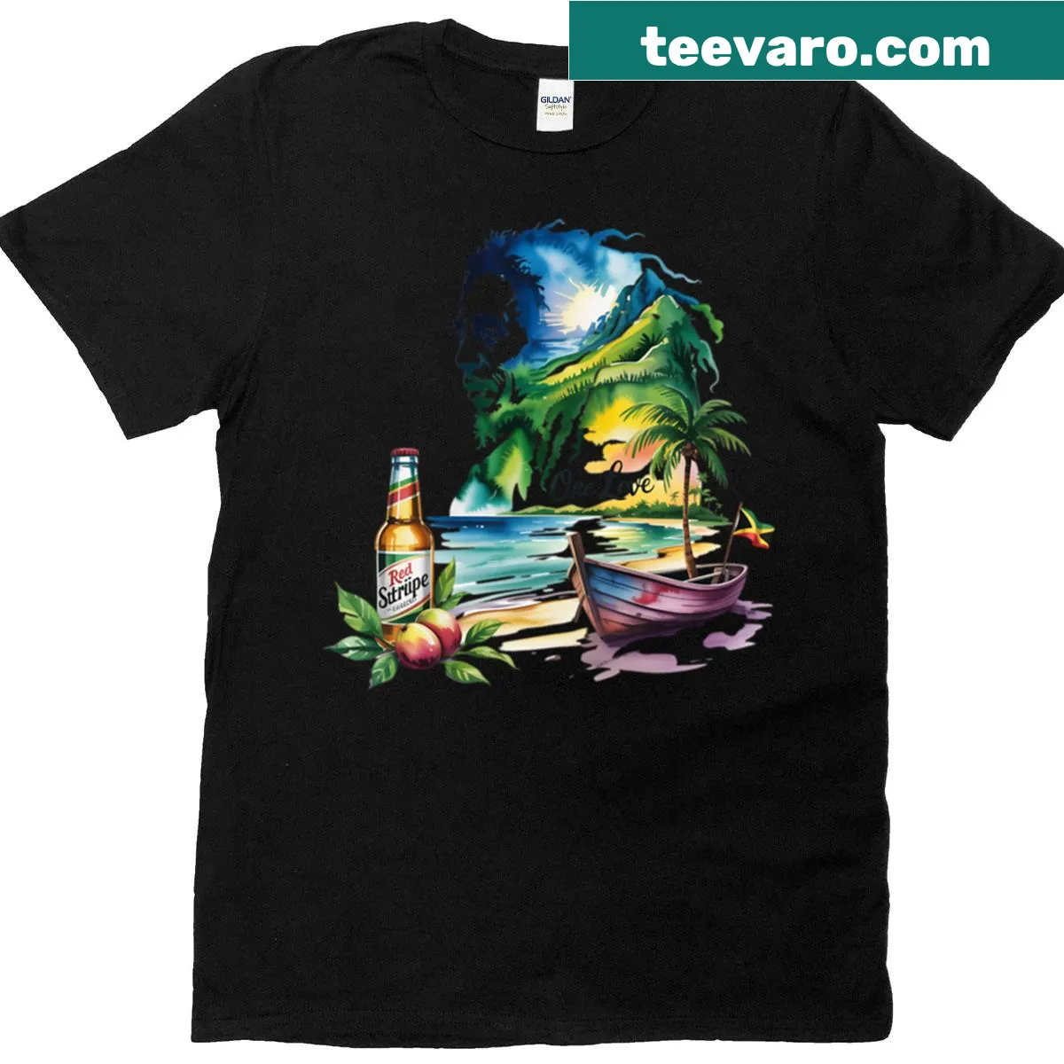 Tropical island design T-shirt with palm trees and ocean waves — on a men's t-shirt