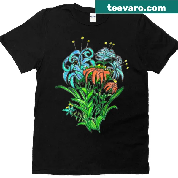 T-shirt showcasing an explosion of wildflowers in ink art