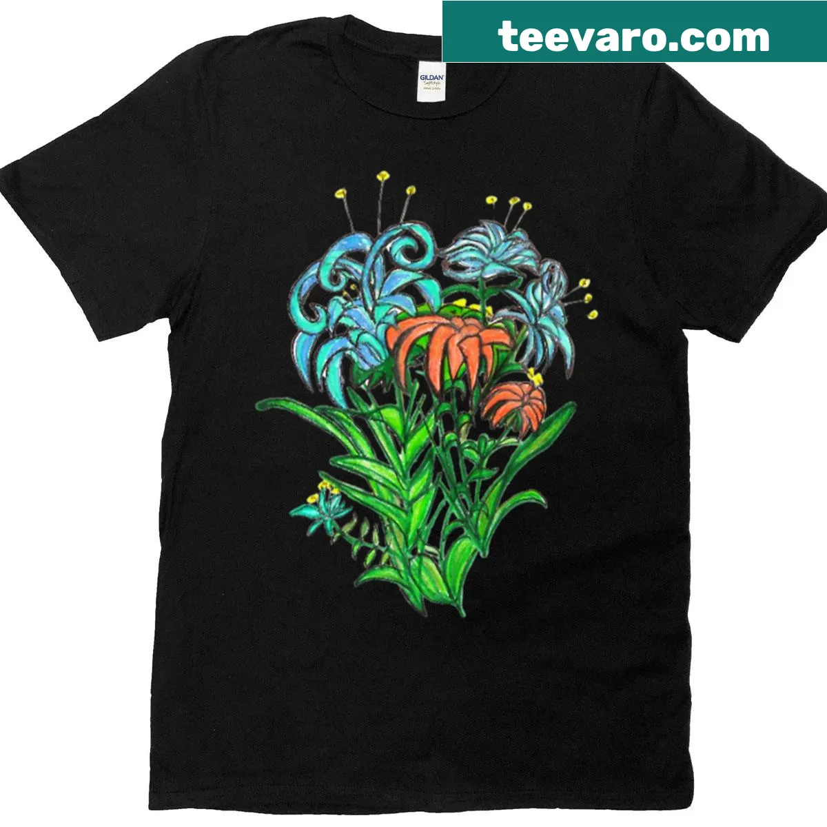 T-shirt showcasing an explosion of wildflowers in ink art — on a men's t-shirt