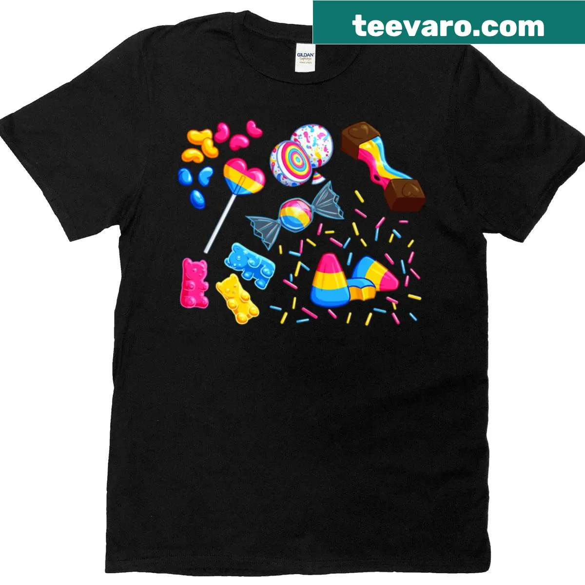 Playful T-shirt featuring colorful candies and pansexual pride design — on a men's t-shirt