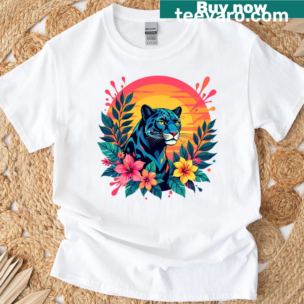 Illustrated panther sunset t-shirt with floral elements — on a men's t-shirt
