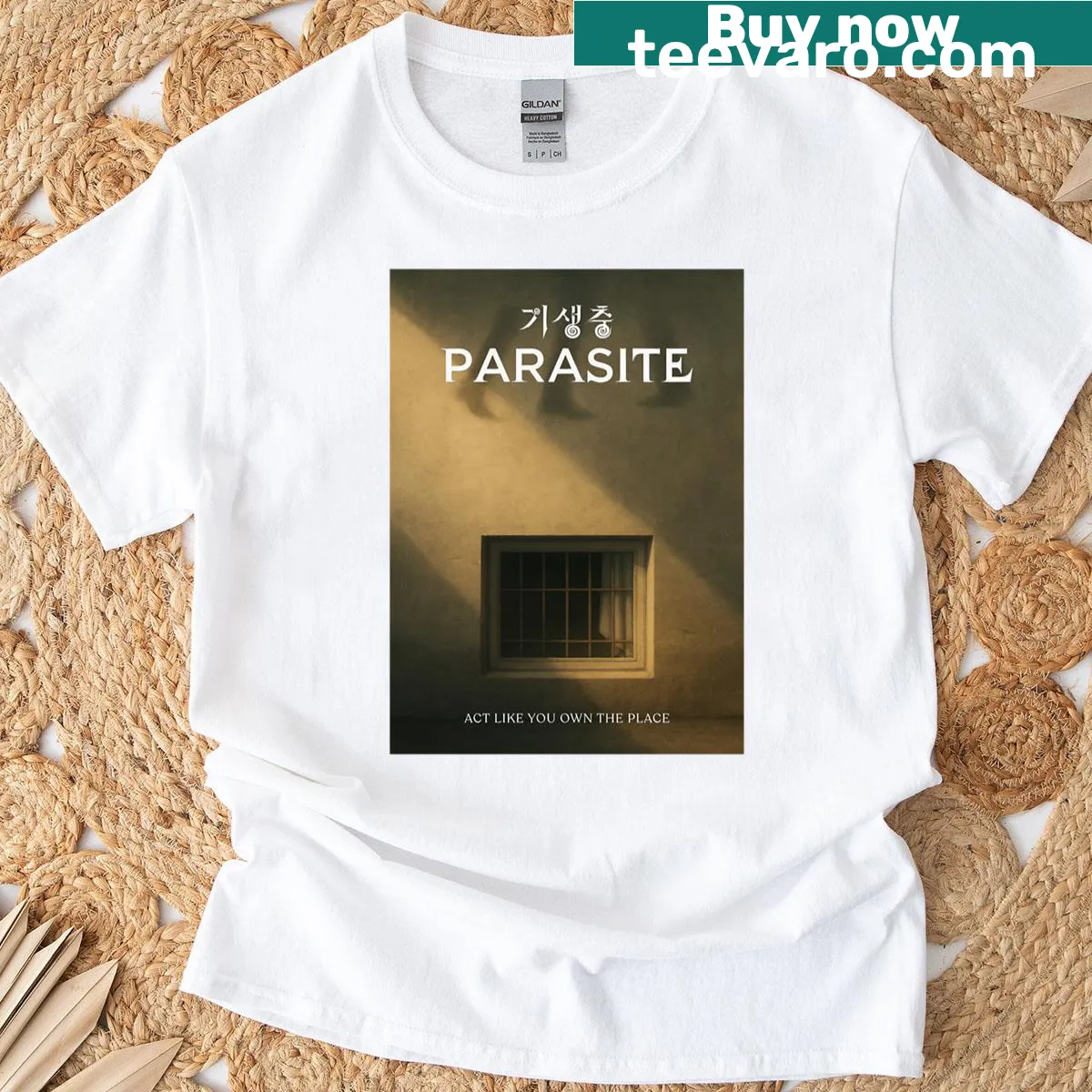 Fan art t-shirt featuring a basement window scene from Parasite — on a men's t-shirt