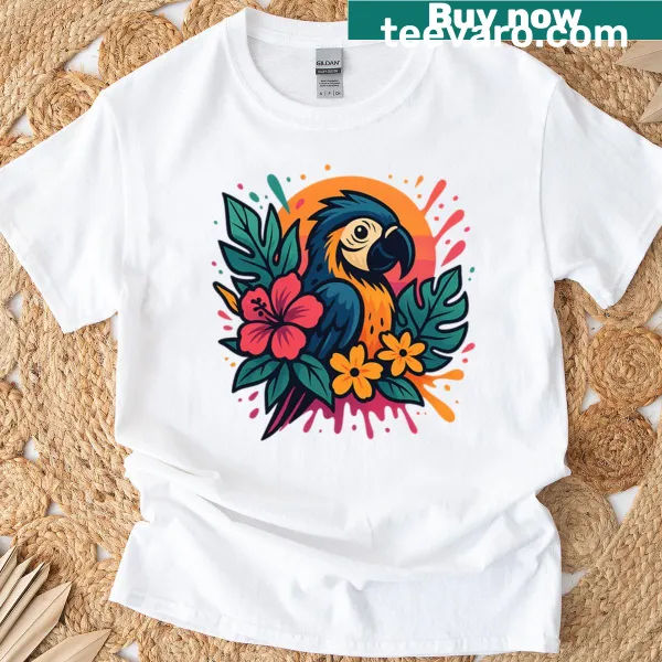 T-shirt featuring a parrot design with sunset and flowers