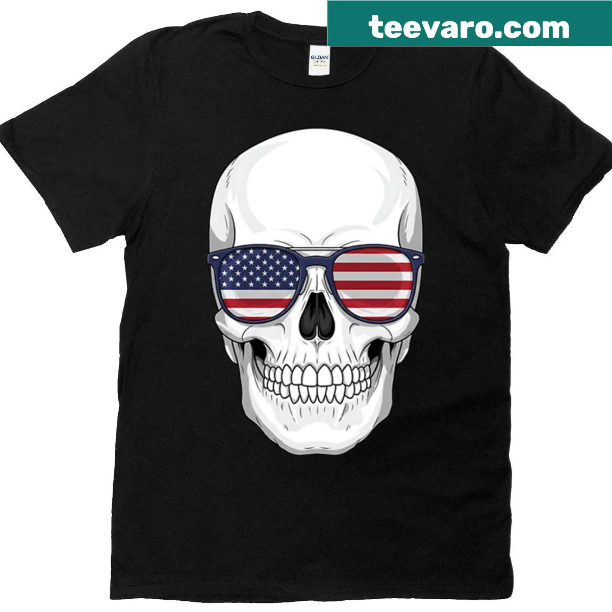 Patriotic skull T-shirt with stars-and-stripes bandana — on a men's t-shirt