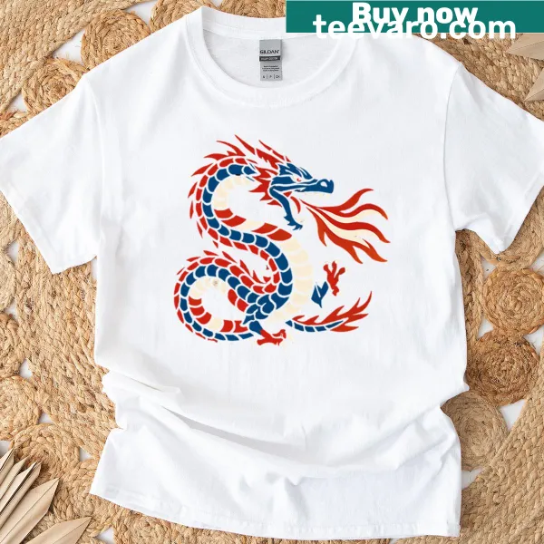 Illustrated T-shirt featuring a fiery dragon design for American pride