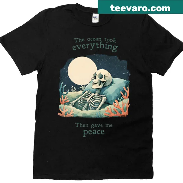 T-shirt with a skeleton resting on coral bed graphic