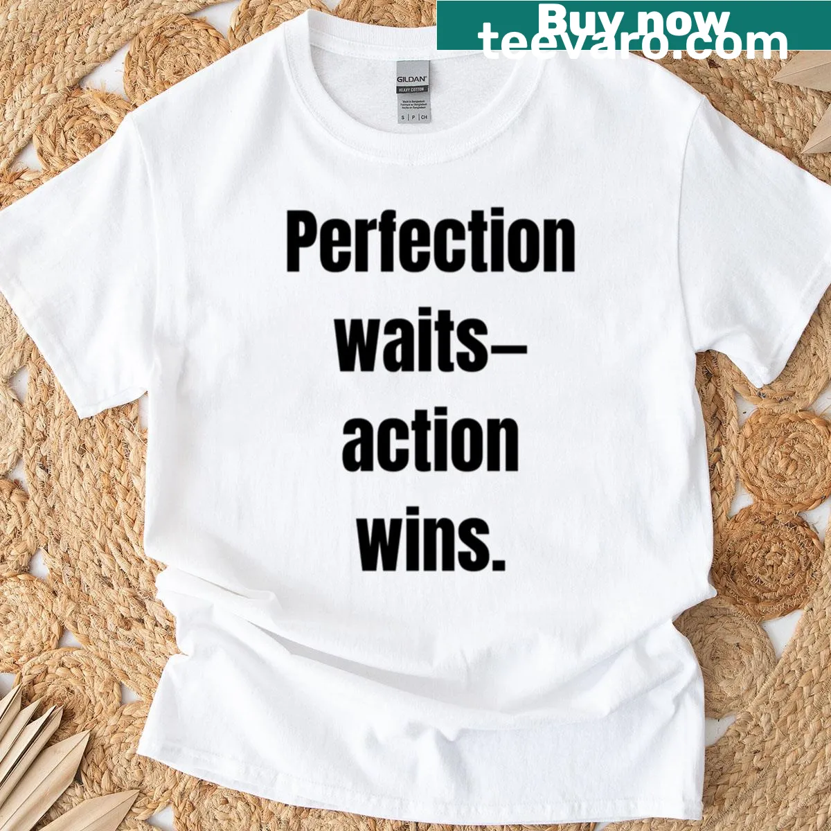 T-shirt featuring the phrase 'Perfection Waits' in bold typography — on a men's t-shirt
