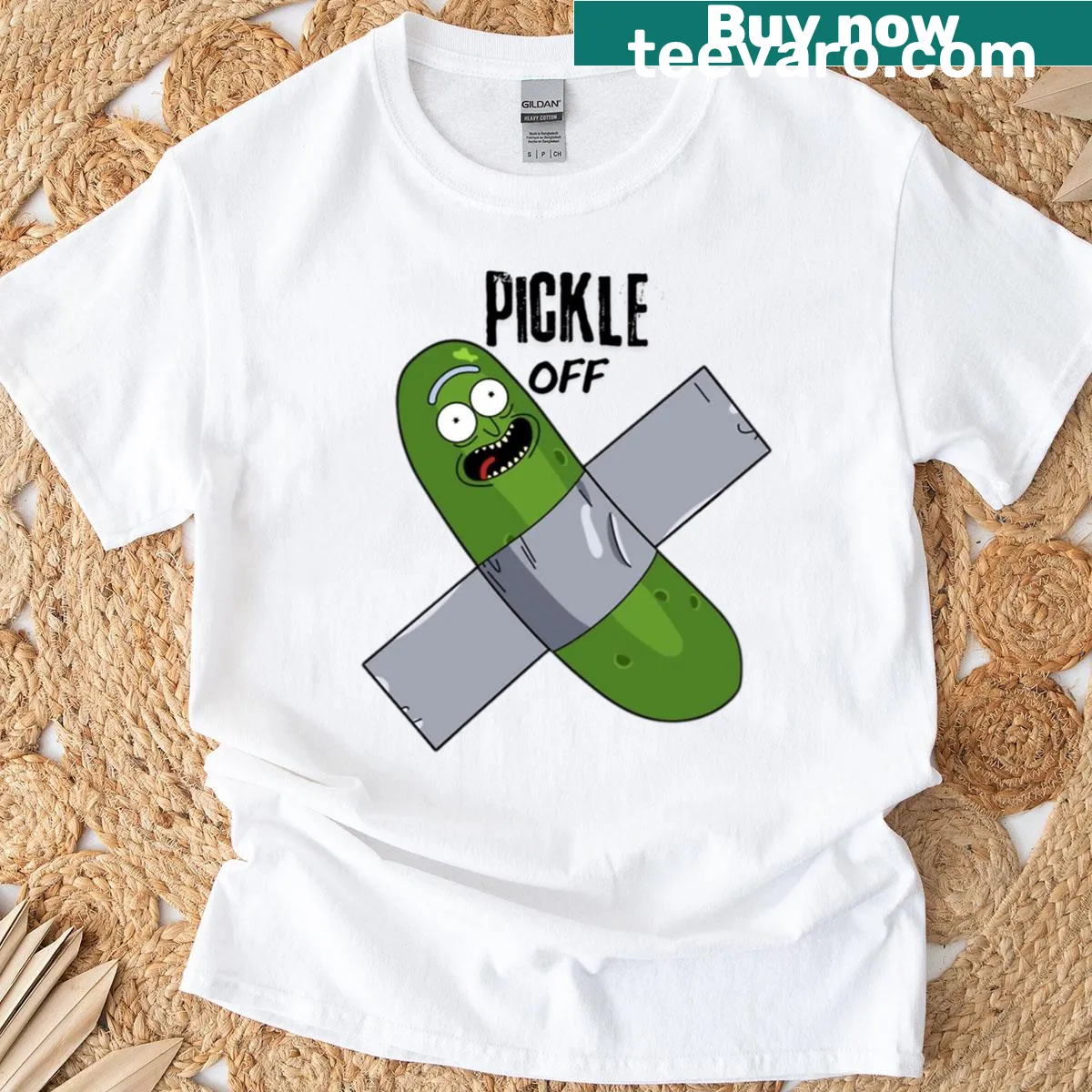 Playful illustration of a cartoon pickle on t-shirt — on a men's t-shirt