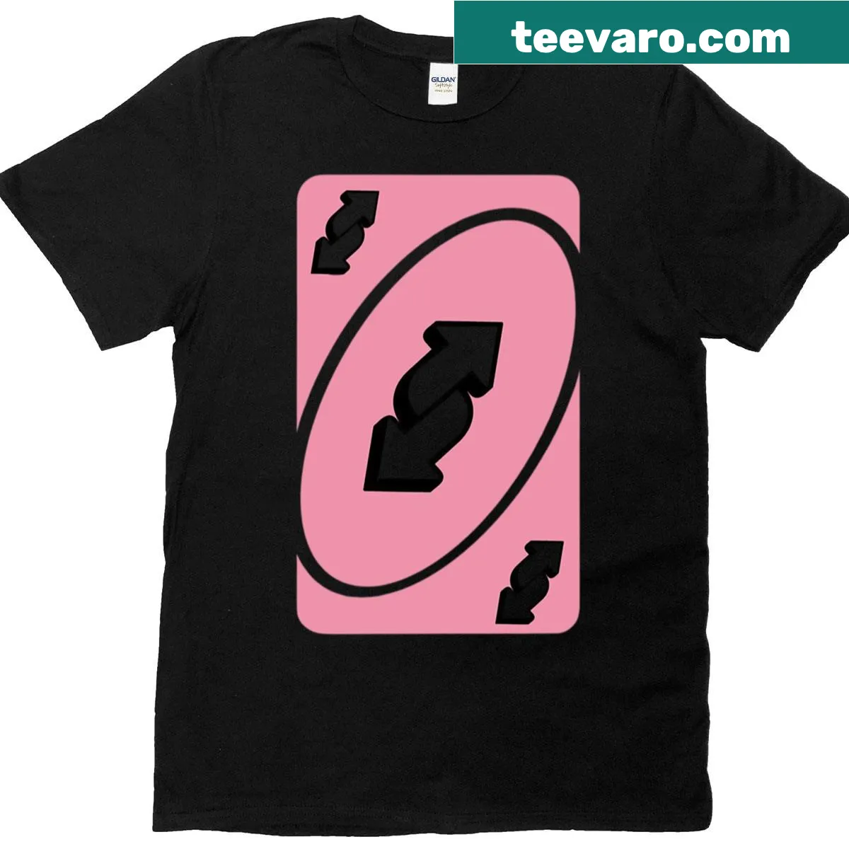 Playful Pink Uno Reverse Card t-shirt with game graphics — on a men's t-shirt