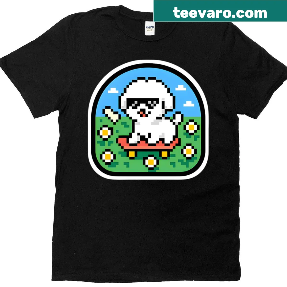 Retro 8-bit Bichon Frise skateboard graphic T-shirt — on a men's t-shirt