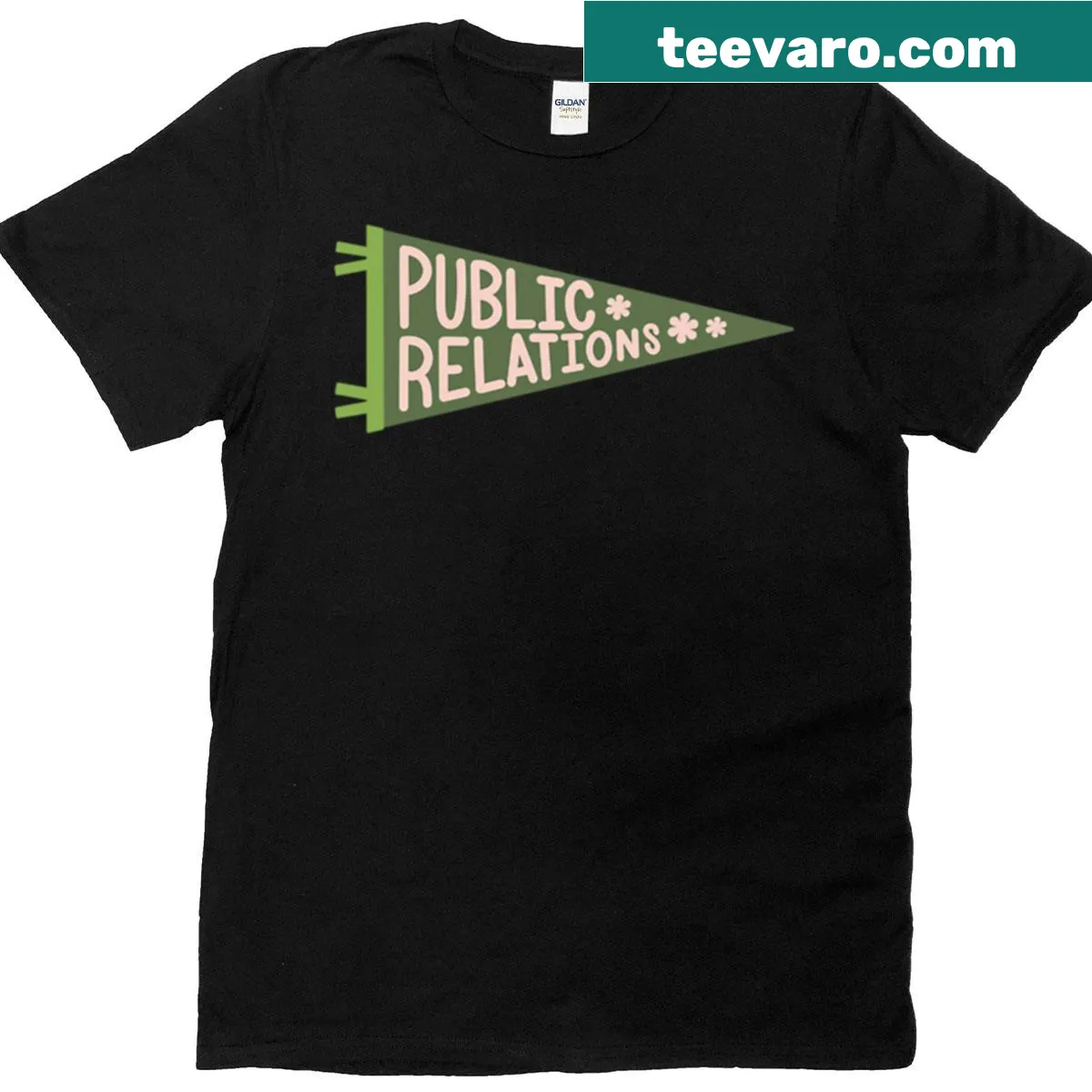 Public Relations themed pennant flag graphic on T-shirt — on a men's t-shirt