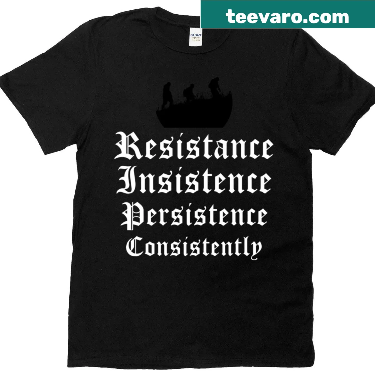 T-shirt featuring the words 'Resist Insist Persist' in a motivational design — on a men's t-shirt