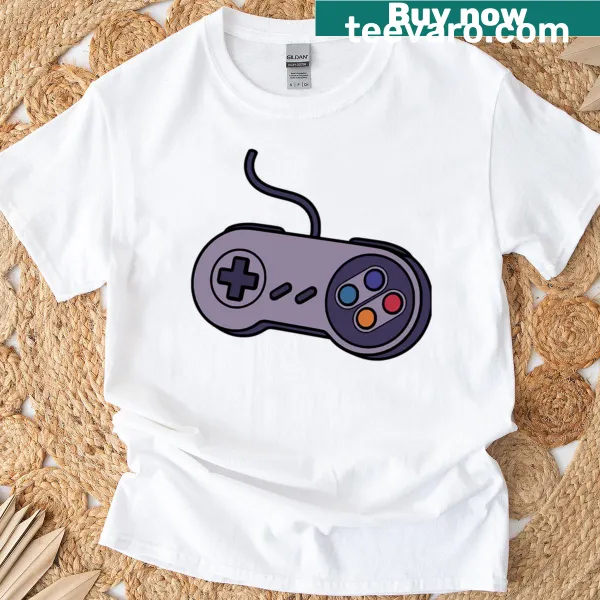 Retro gaming controller graphic on a T-shirt