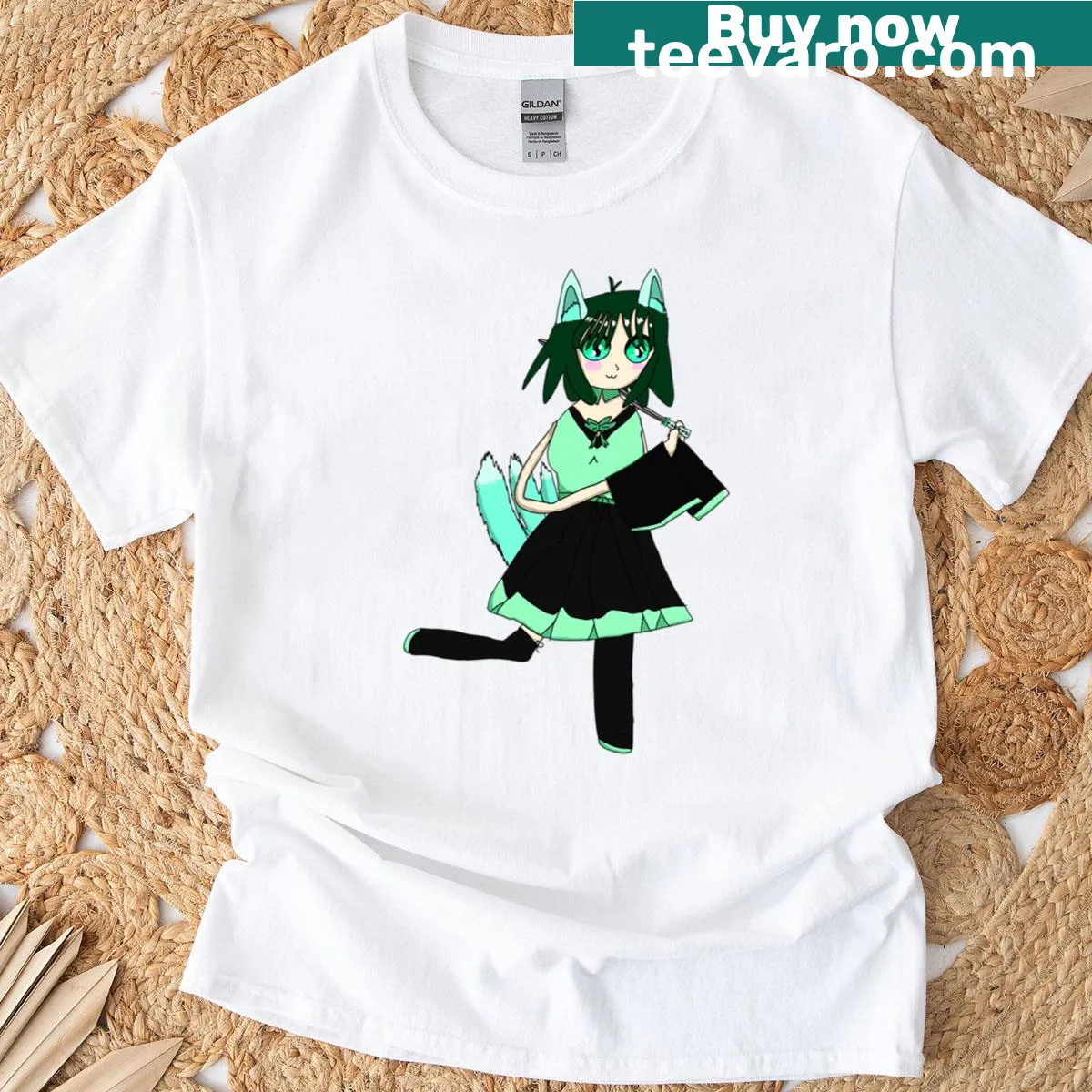 Illustration of a kitsune fox on a whimsical t-shirt design — on a men's t-shirt