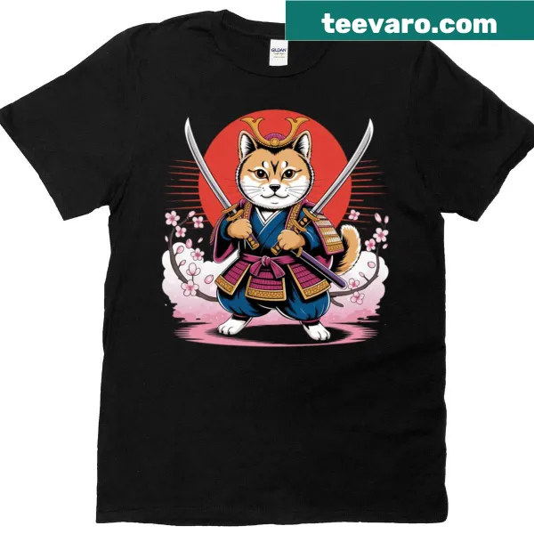 Anime-inspired T-shirt featuring Samurai Cat and cherry blossoms