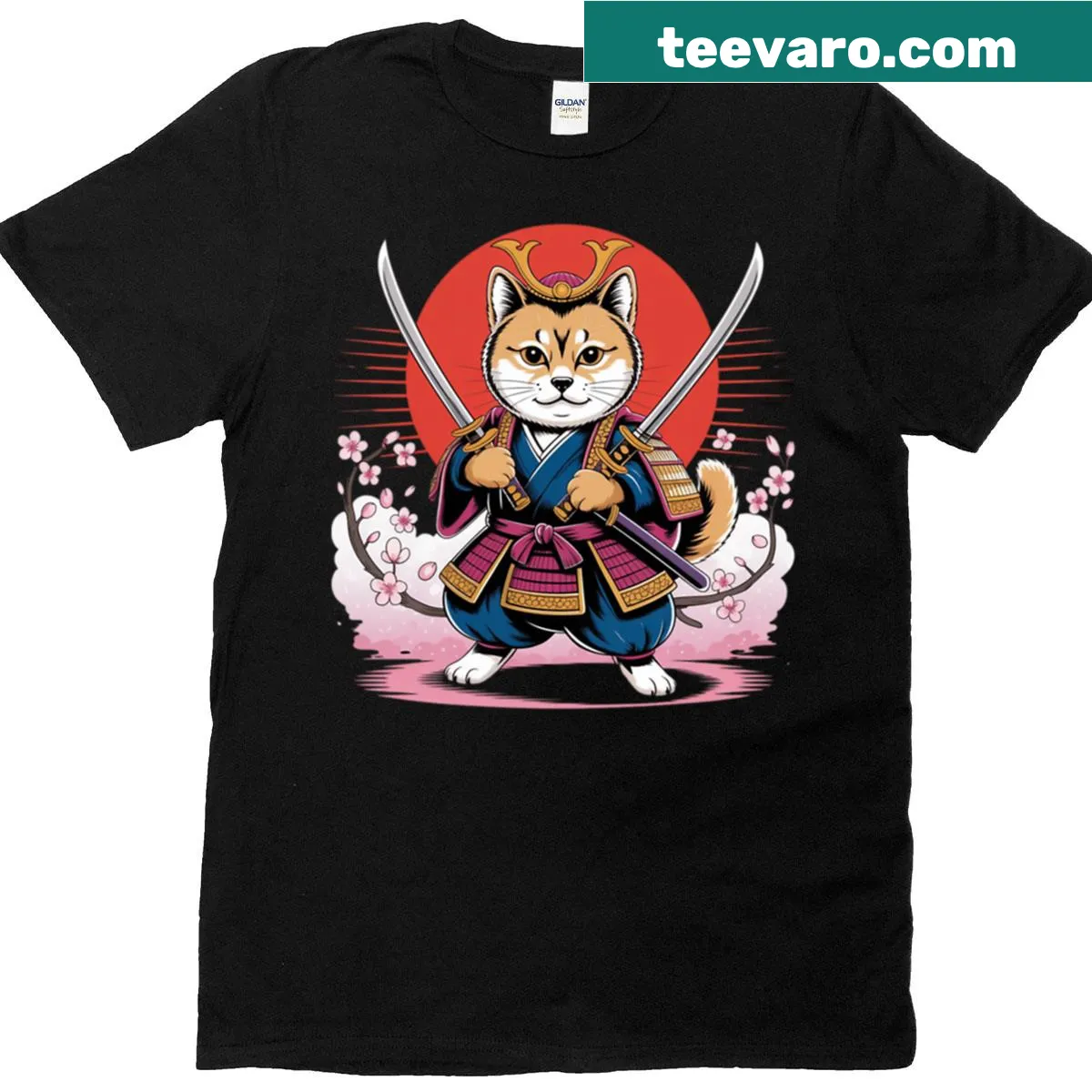 Anime-inspired T-shirt featuring Samurai Cat and cherry blossoms — on a men's t-shirt