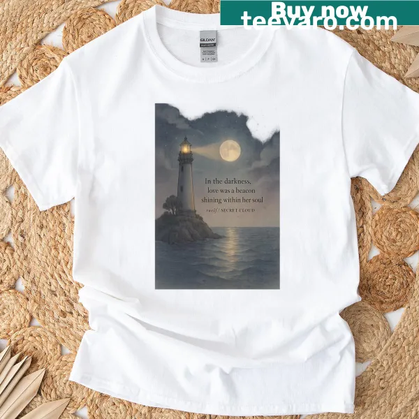 Dreamy illustration of clouds and distant realms on a t-shirt