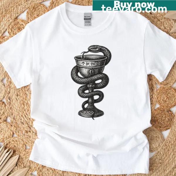 Silhouette T-shirt featuring a serpent entwined around a chalice.