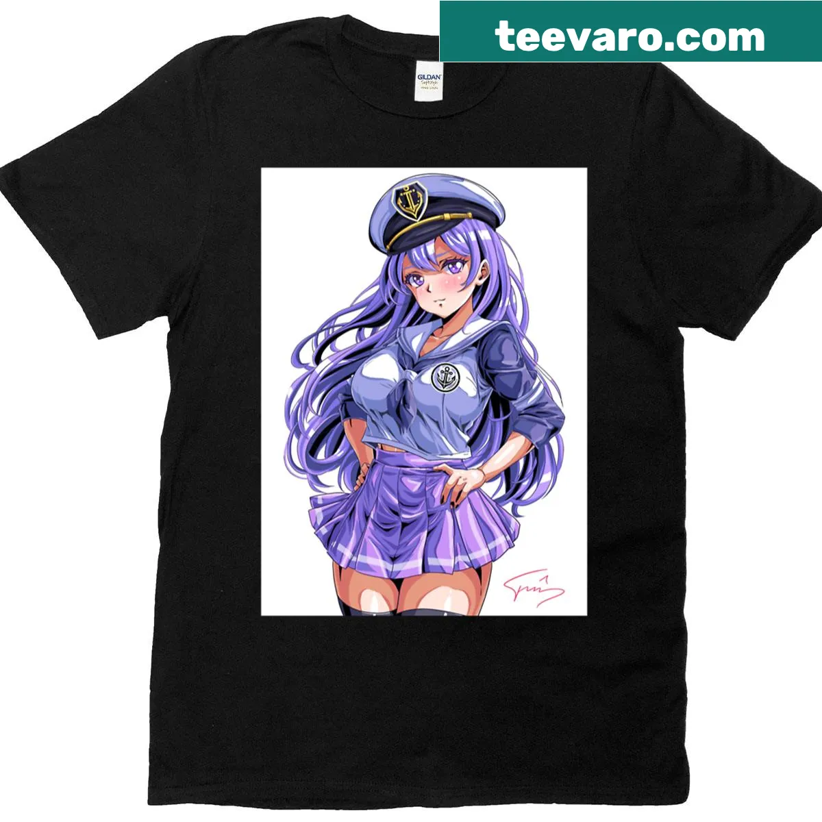 Anime girl graphic t-shirt featuring a confident character in a mini skirt — on a men's t-shirt