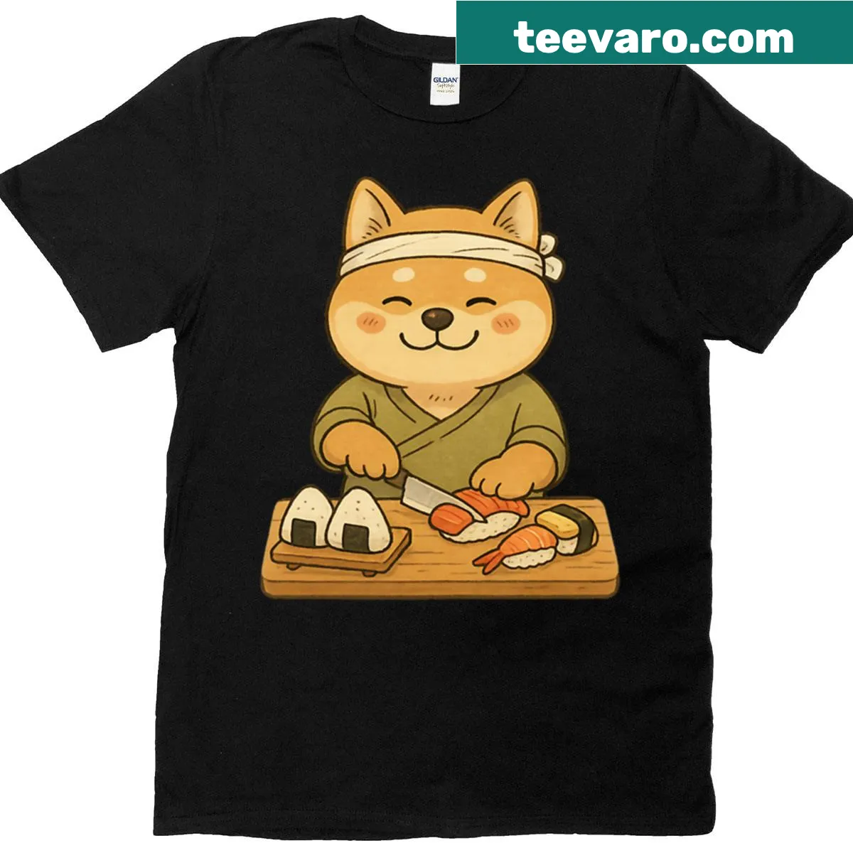 Cute T-shirt featuring a Shiba Inu making sushi in a kawaii style — on a men's t-shirt