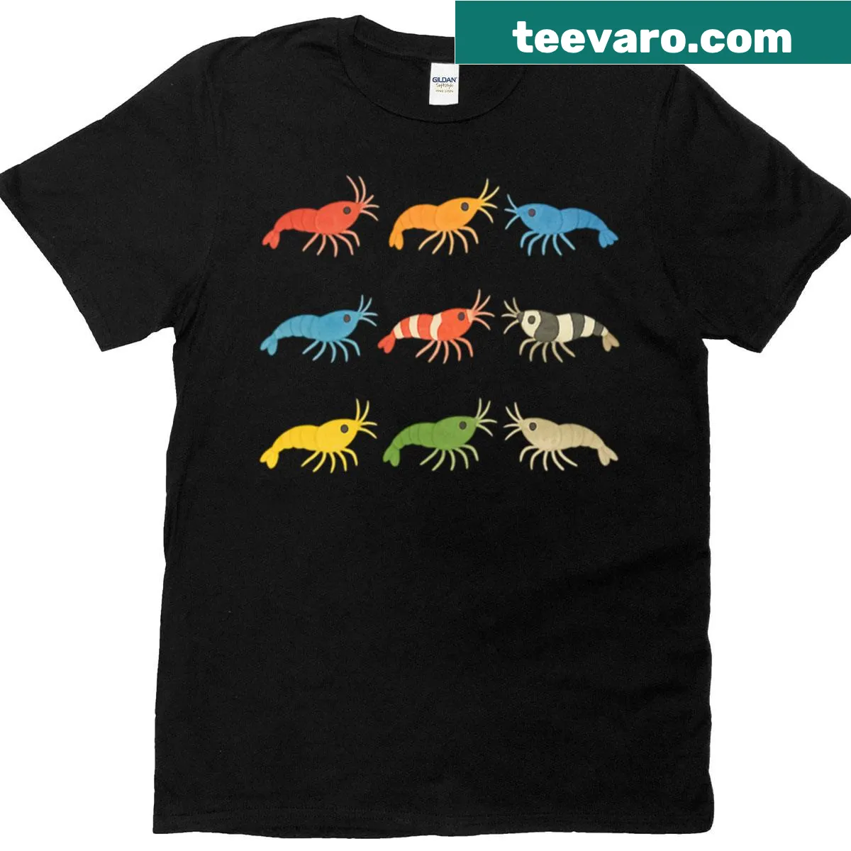Kawaii watercolor shrimp design T-shirt with cute seafood illustrations — on a men's t-shirt