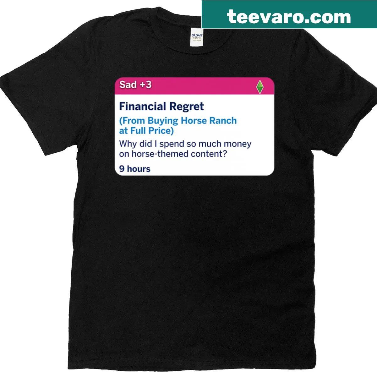 Sims 4 t-shirt featuring a sad moodlet about expansion packs — on a men's t-shirt