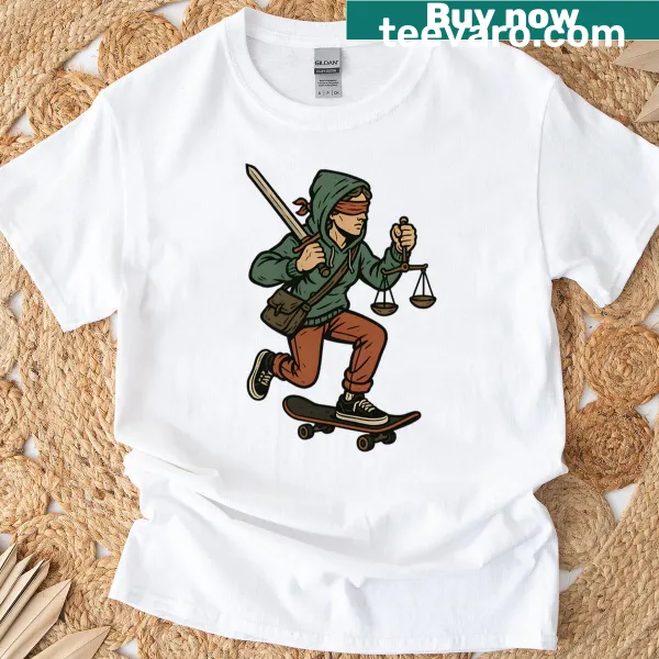 Illustrated T-shirt depicting a skater with a justice theme.