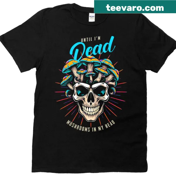 Illustration of a skull full of mushrooms on a t-shirt