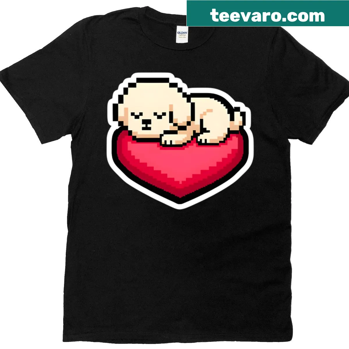 Pixel art Bichon Frise sleeping on a heart cushion graphic on a T-shirt. — on a men's t-shirt