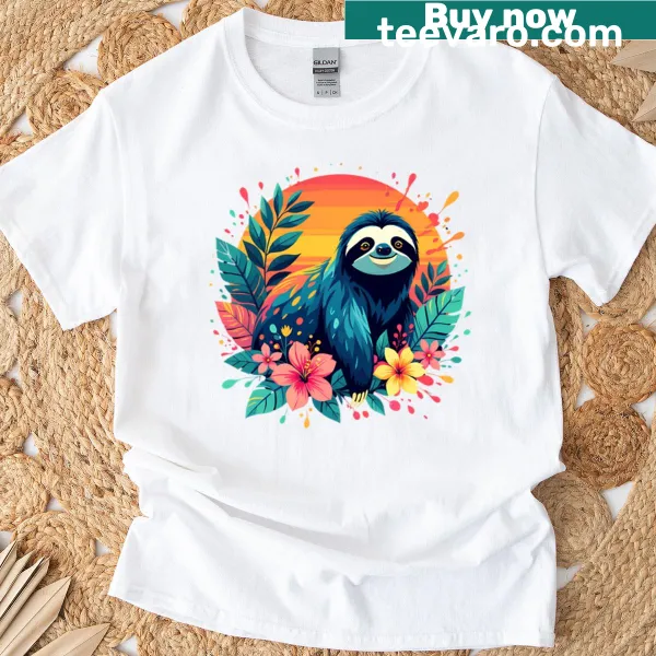 T-shirt featuring a sloth under a sunset with flowers.