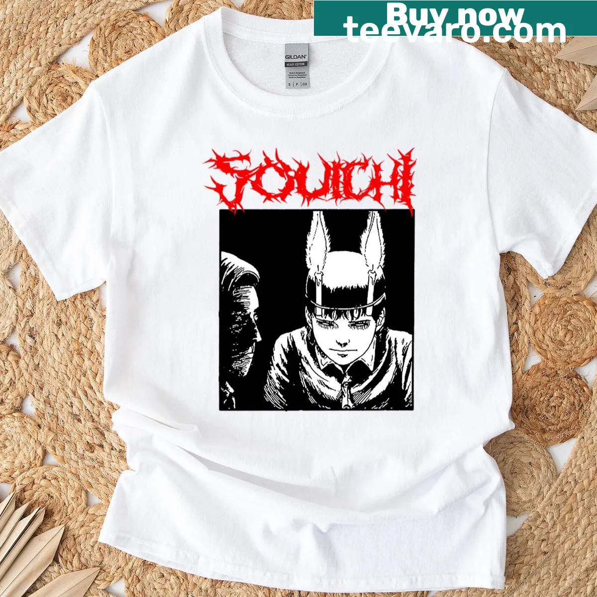 Bold Japanese metal style graphic on a t-shirt — on a men's t-shirt