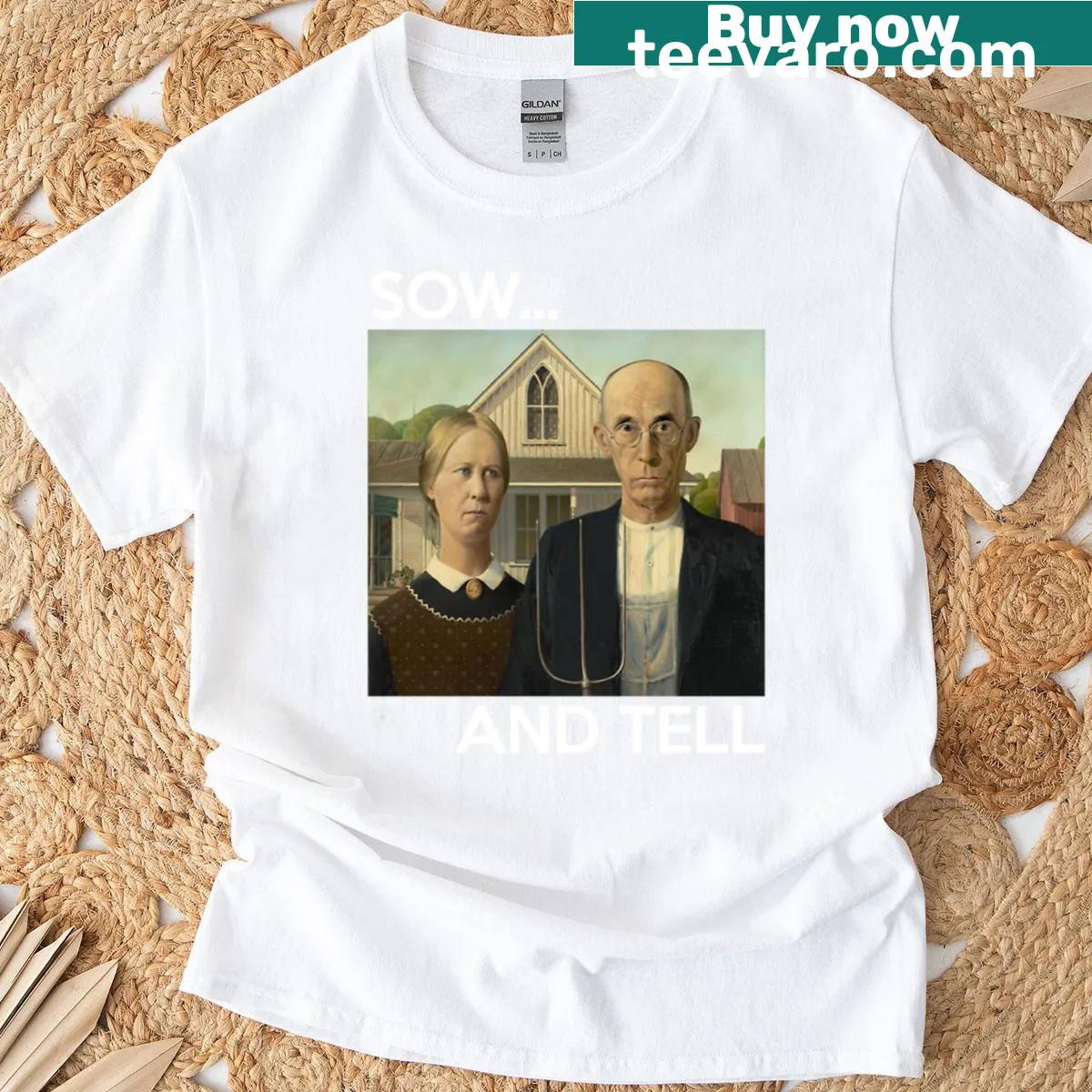 Quirky graphic inspired by American Gothic on a t-shirt — on a men's t-shirt
