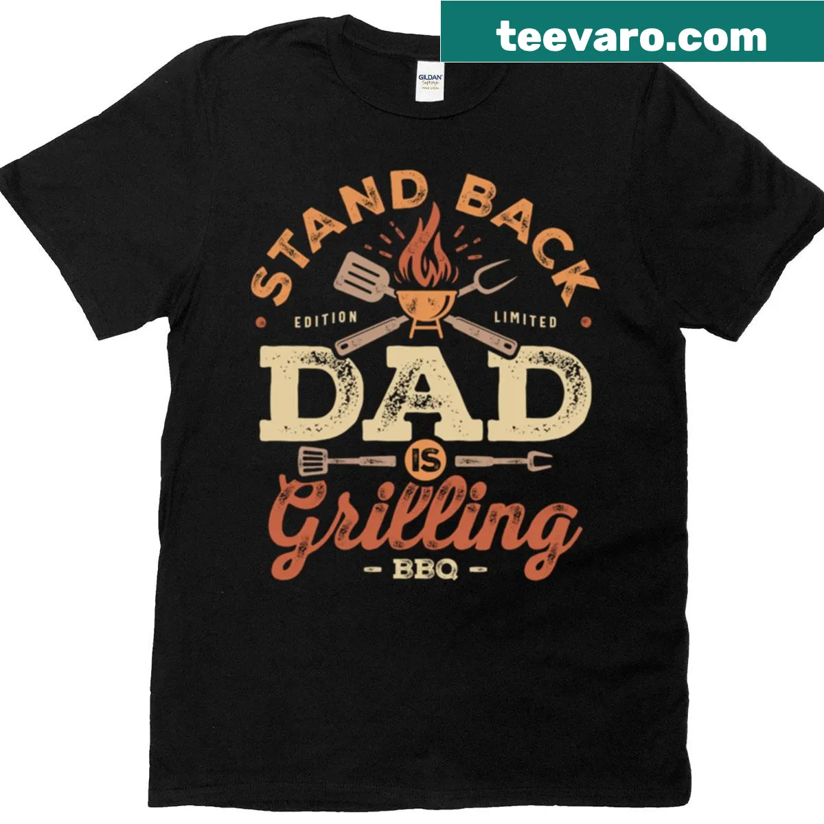 Cartoon graphic of a grilling Dad on a funny BBQ t-shirt — on a men's t-shirt