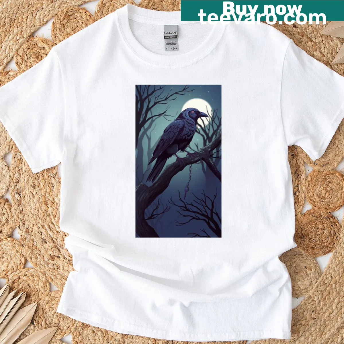 Mystical raven design against a starry backdrop on a t-shirt — on a men's t-shirt