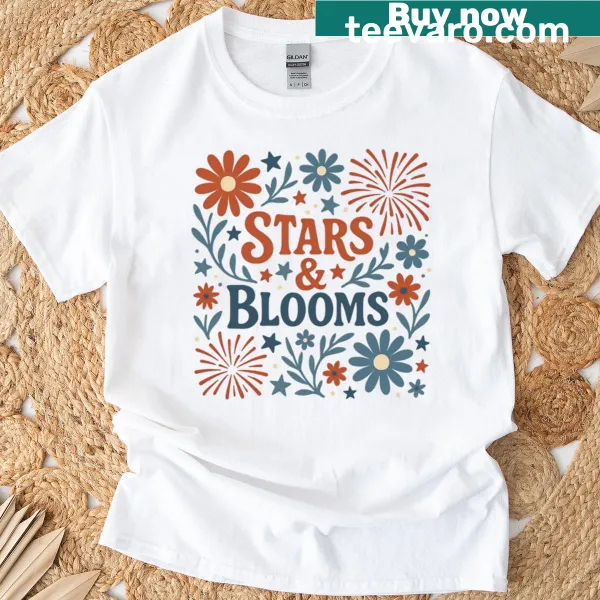 Celestial floral design featuring stars and blooms on a t-shirt