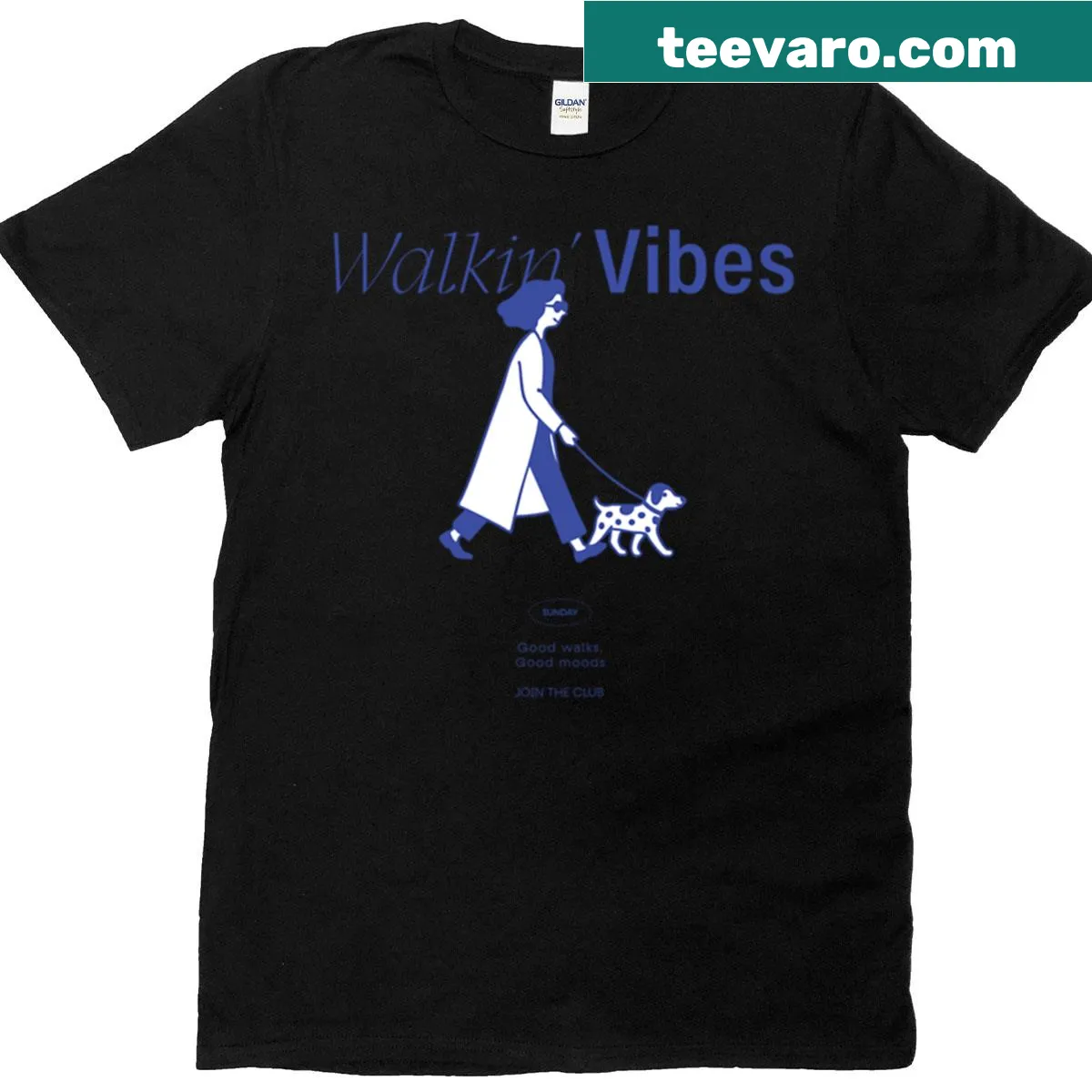 Illustration of a stylish woman walking a Dalmatian dog. — on a men's t-shirt