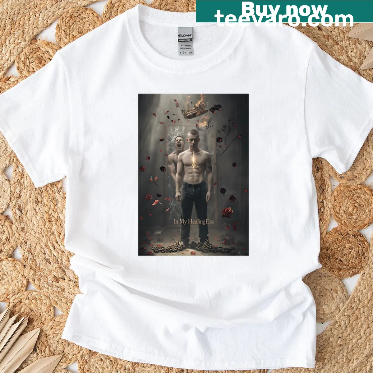 Surreal illustration representing emotional transformation on a t-shirt — on a men's t-shirt