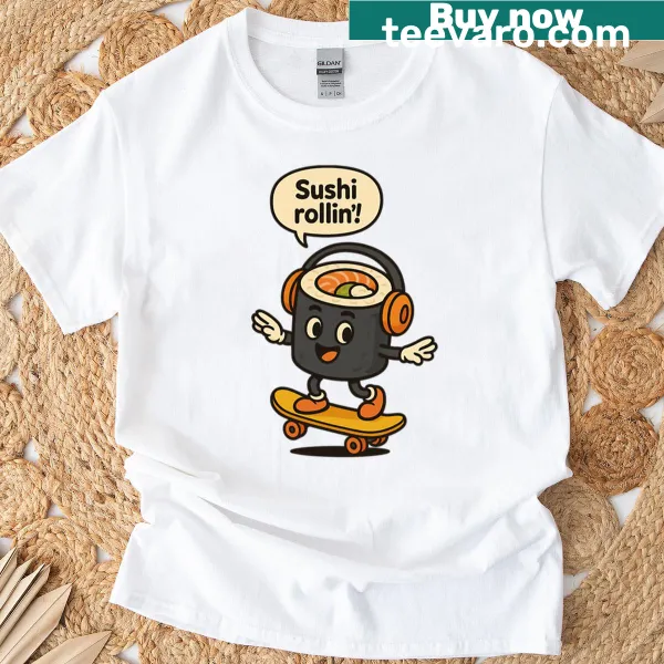 Playful cartoon design of sushi rolls on a t-shirt
