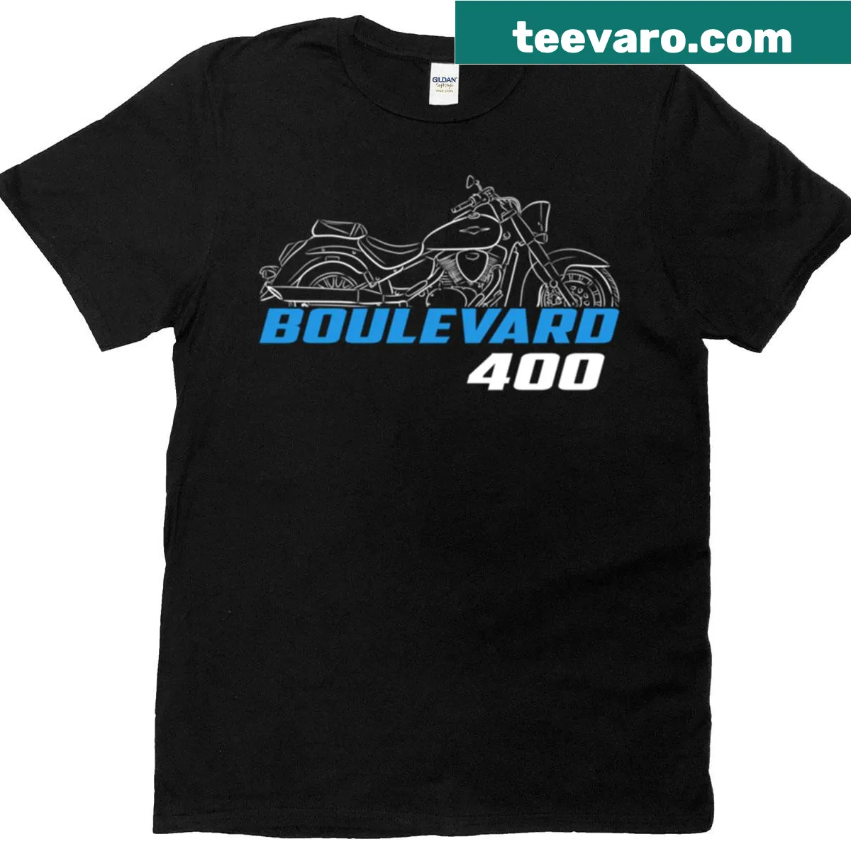 Illustrated Suzuki Boulevard 400 V400 motorcycle graphic on a t-shirt — on a men's t-shirt