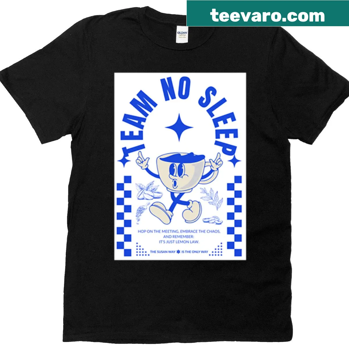 Humorous coffee-themed T-shirt with Team No Sleep slogan — on a men's t-shirt