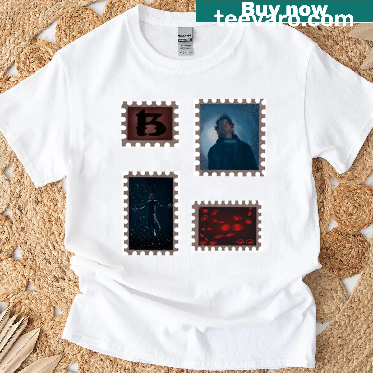 T-shirt with various contract stamps in a creative design — on a men's t-shirt