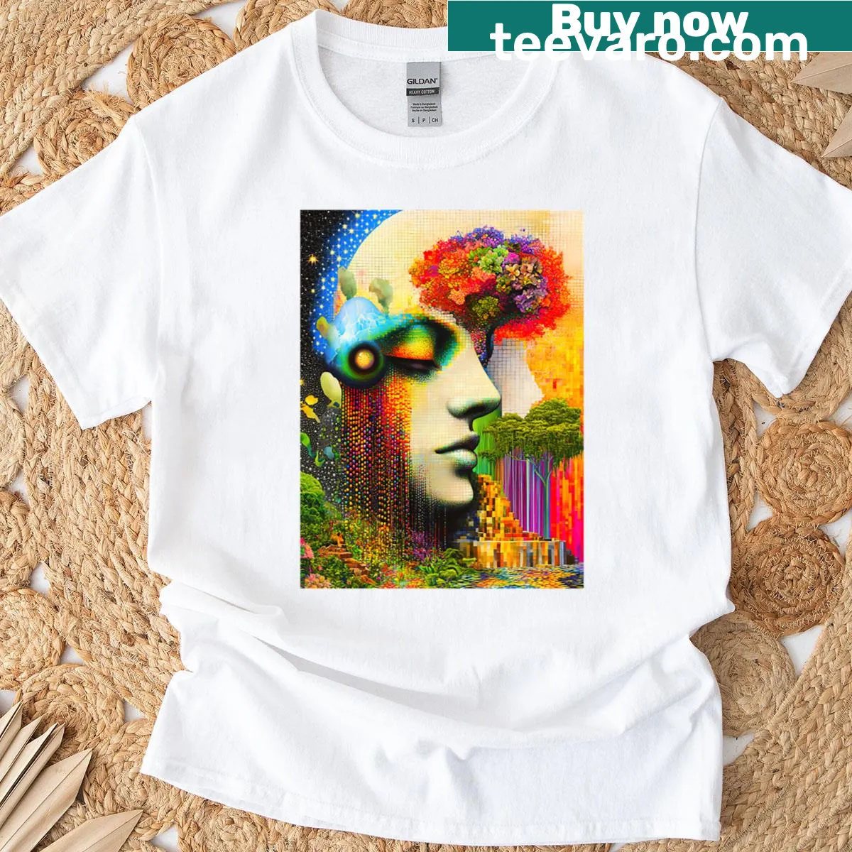 Illustration of a surreal garden representing creativity and thought — on a men's t-shirt