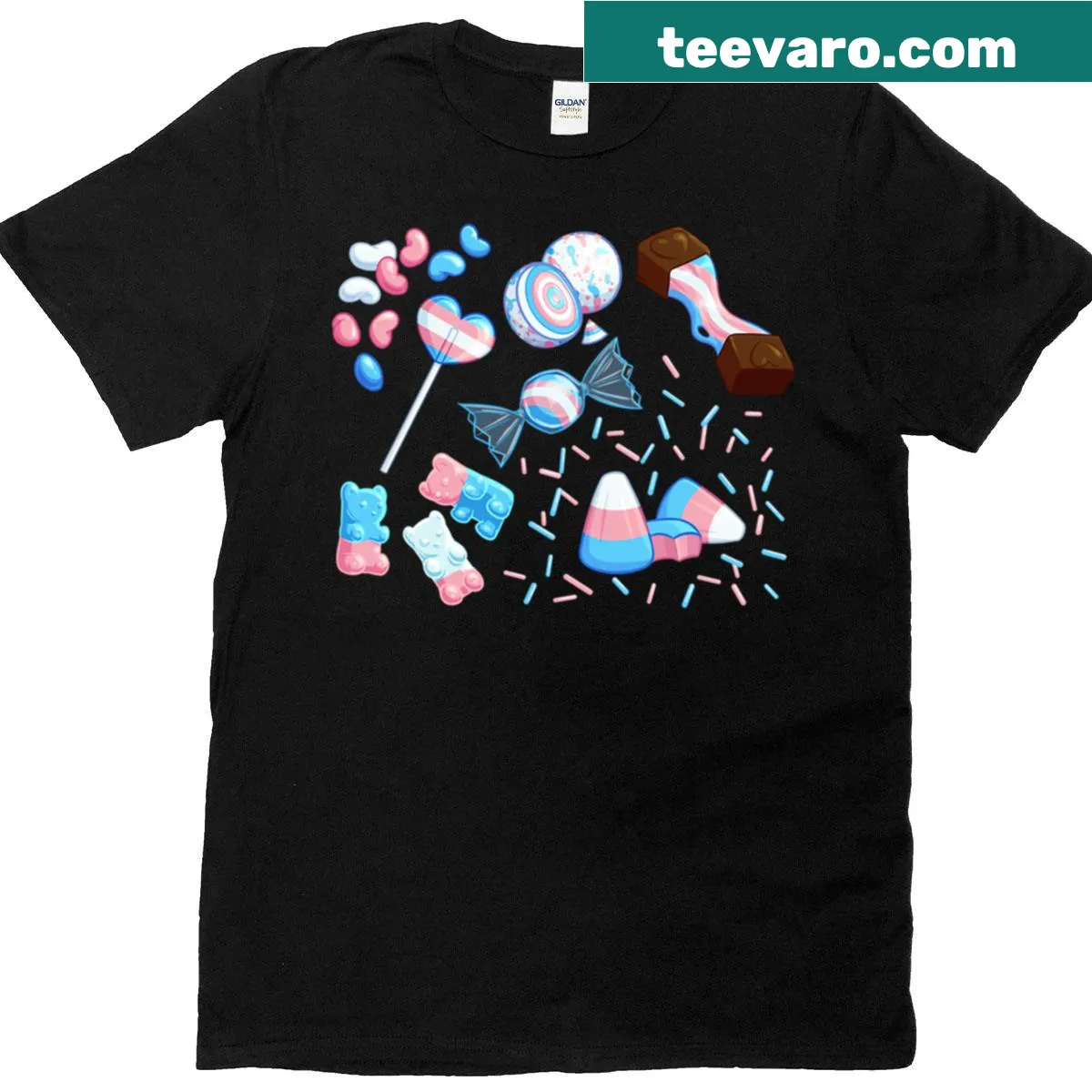 T-shirt featuring humorous candy-themed typography related to transgender identity. — on a men's t-shirt