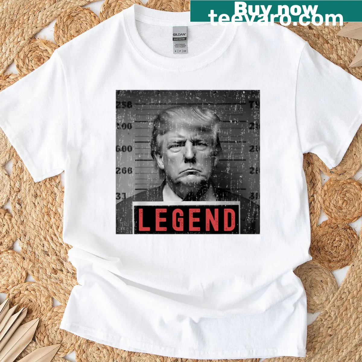 Playful T-shirt with Trump's mugshot and 'legend' text — on a men's t-shirt
