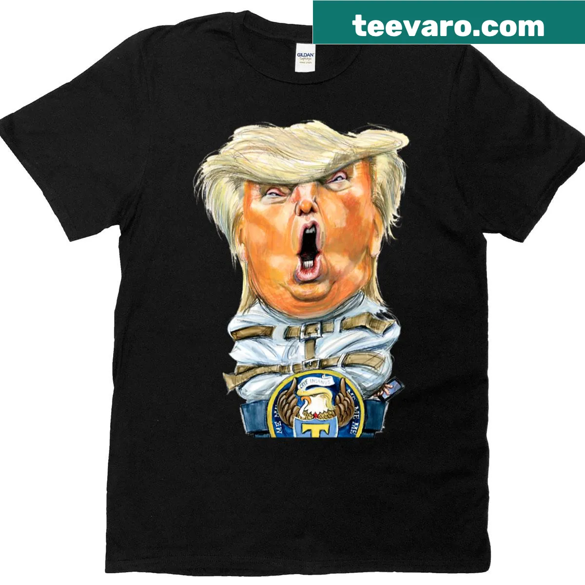 T-shirt featuring a humorous Trump podium graphic — on a men's t-shirt